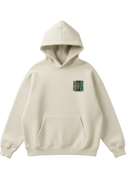 Pencere Baskılı Unisex Boxy Fit Hoodie Sweatshirt