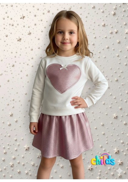 Alt Üst Takım Uzun Kollu Krem Pamuklu Sweatshirt Parlak Etekli Kız Çocuk Takım