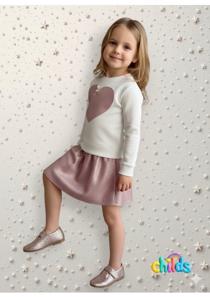 Alt Üst Takım Uzun Kollu Krem Pamuklu Sweatshirt Parlak Etekli Kız Çocuk Takım modelleri