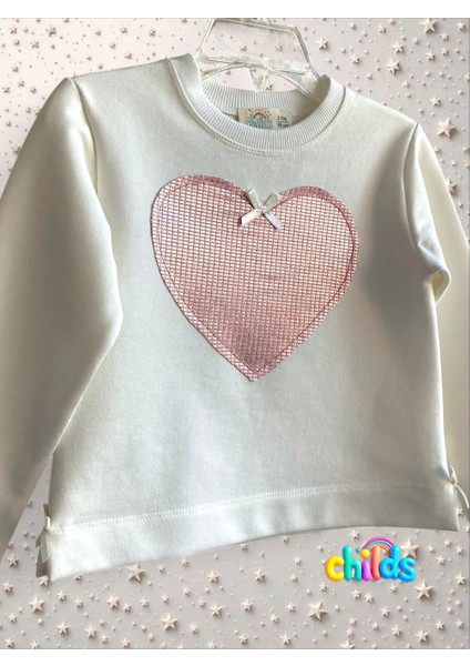 Alt Üst Takım Uzun Kollu Krem Pamuklu Sweatshirt Parlak Etekli Kız Çocuk Takım