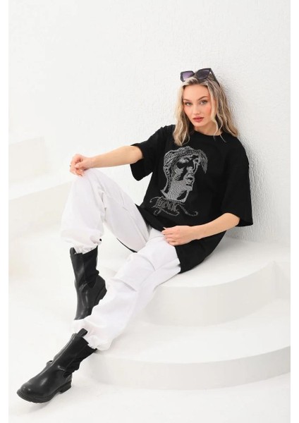 Unisex Taş Desenli Oversize T-Shirt - Siyah modelleri