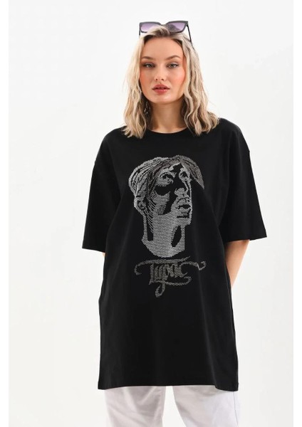 Unisex Taş Desenli Oversize T-Shirt - Siyah indirimleri