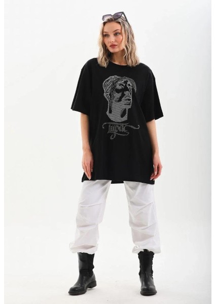 Unisex Taş Desenli Oversize T-Shirt - Siyah