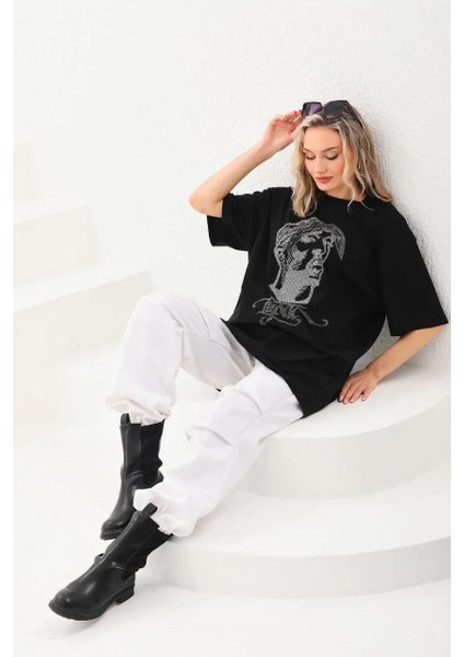 Unisex Taş Desenli Oversize T-Shirt - Siyah