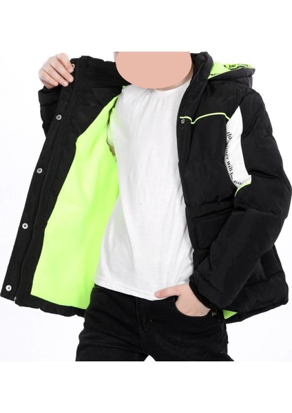 Erkek Çocuk Kolları Renk Bloklu Yazı Desenli Şerit Detaylı Fermuar Çıtçıt Kapamalı Siyah Renk Mont modelleri