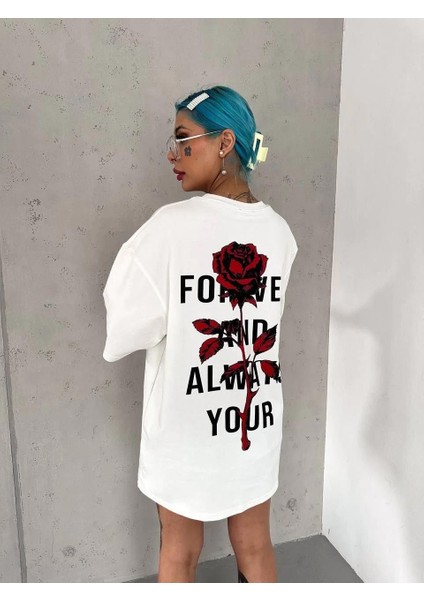 Unisex Bisiklet Yaka Baskılı Oversize T-Shirt - Beyaz fiyatları