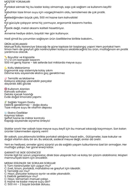 Manuel Kollu Narenciye Sıkacağı – 500 ml Kapasiteli, 17X12 Cm, Pratik ve Dayanıklı 722357