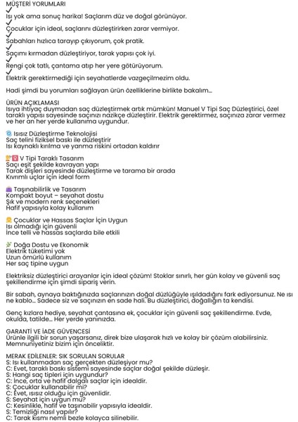 Manuel V Tipi Keratin Saç Düzleştirici – Isısız, Taraklı Saç Maşası Pratik ve Taşınabilir 722360 indirimleri