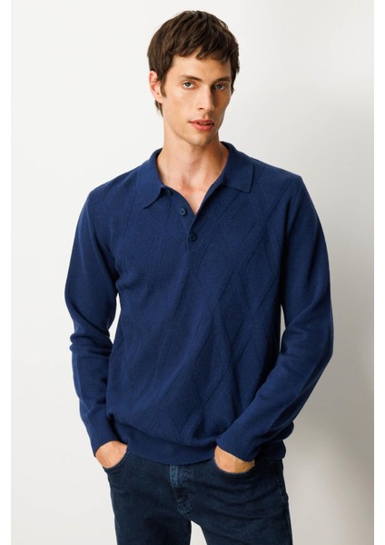 Erkek Polo Yaka Hasır Örgü Baklava Yürütmeli Yün Kazak Indigo