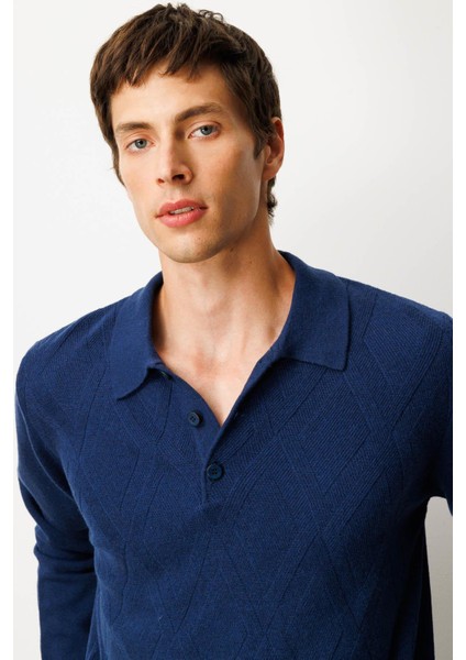 Erkek Polo Yaka Hasır Örgü Baklava Yürütmeli Yün Kazak Indigo fiyatları