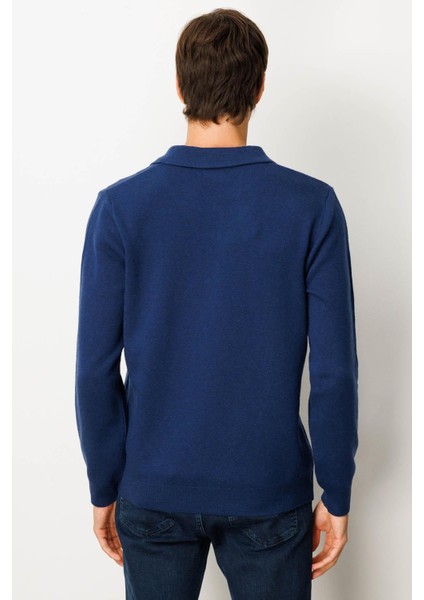 Erkek Polo Yaka Hasır Örgü Baklava Yürütmeli Yün Kazak Indigo modelleri