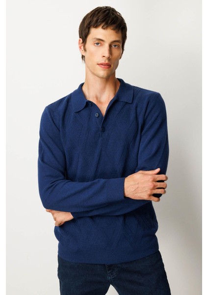 Erkek Polo Yaka Hasır Örgü Baklava Yürütmeli Yün Kazak Indigo fırsatları