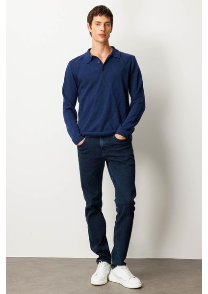 Erkek Polo Yaka Hasır Örgü Baklava Yürütmeli Yün Kazak Indigo indirimleri