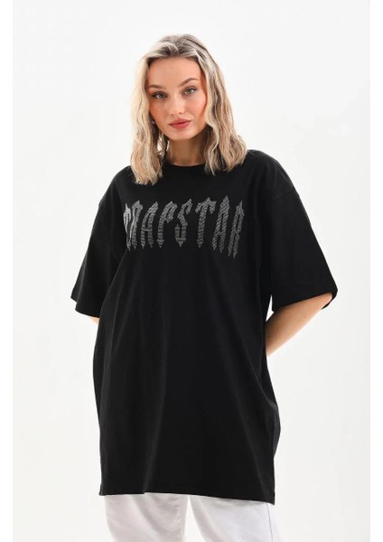 Unisex Taş Desenli Oversize T-Shirt - Siyah modelleri