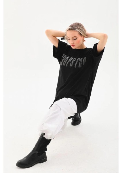 Unisex Taş Desenli Oversize T-Shirt - Siyah fırsatları