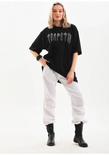 Unisex Taş Desenli Oversize T-Shirt - Siyah indirimleri