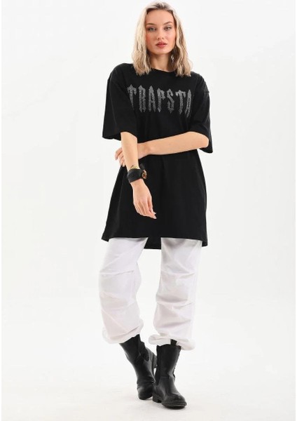Unisex Taş Desenli Oversize T-Shirt - Siyah