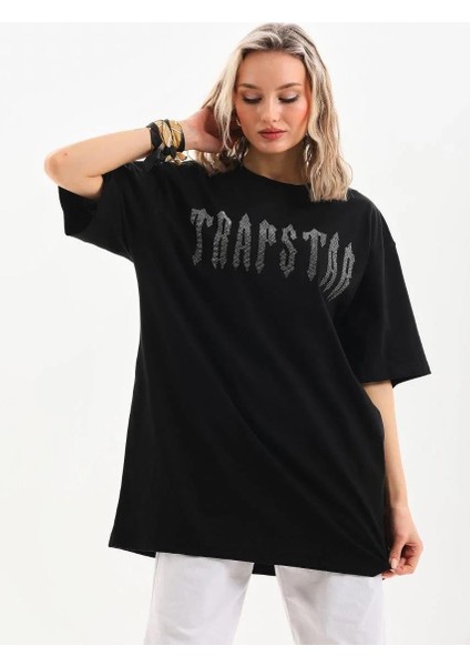 Unisex Taş Desenli Oversize T-Shirt - Siyah