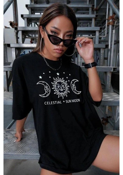 Unisex Baskılı Oversize T-Shirt - Siyah modelleri