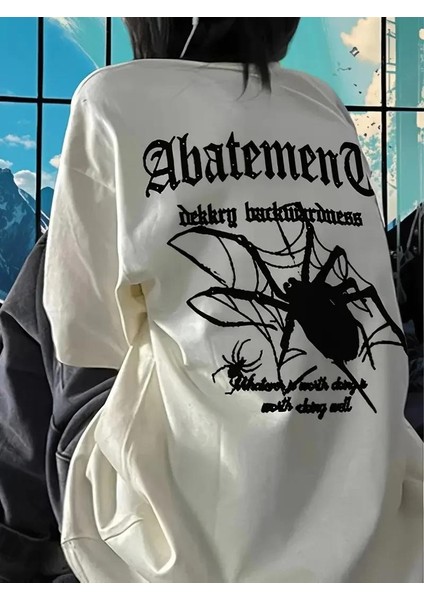 Örümcek Ağı Desenli Baskılı Oversize Bisiklet Yaka T-Shirt - Beyaz