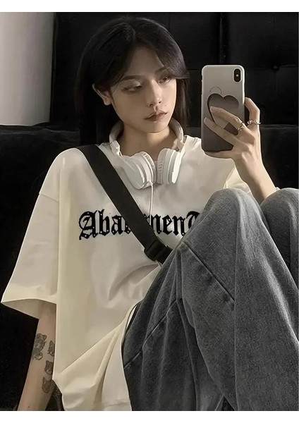 Örümcek Ağı Desenli Baskılı Oversize Bisiklet Yaka T-Shirt - Beyaz indirimleri