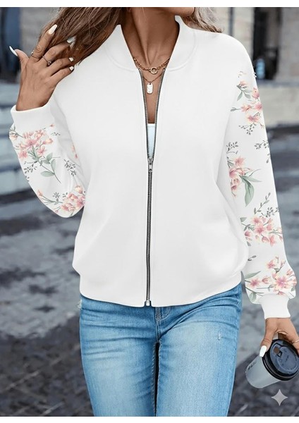 Beyaz Çiçek Desenli 3 Iplik Bomber Ceket – Fermuarlı Mevsimlik Şık Model