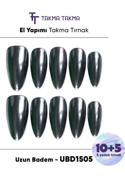 15'li Siyah Uzun Badem UBD1505 Tekrar Kullanılabilir El Yapımı Protez Takma Tırnak - Gümüş-XS