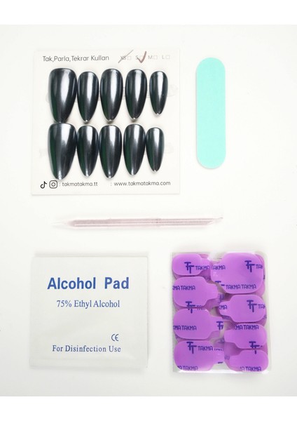 15'li Siyah Uzun Badem UBD1505 Tekrar Kullanılabilir El Yapımı Protez Takma Tırnak - Gümüş-XS fırsatları