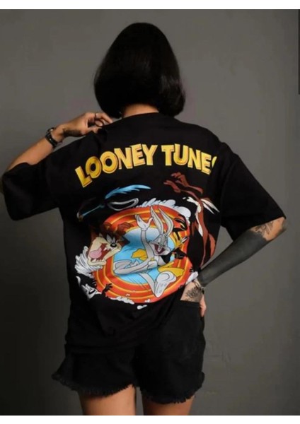 Unisex Bisiklet Yaka Baskılı Oversize T-Shirt - Siyah fiyatları