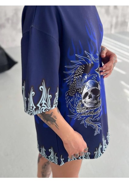 Unisex Bisiklet Yaka Baskılı Oversize T-Shirt - Lacivert modelleri