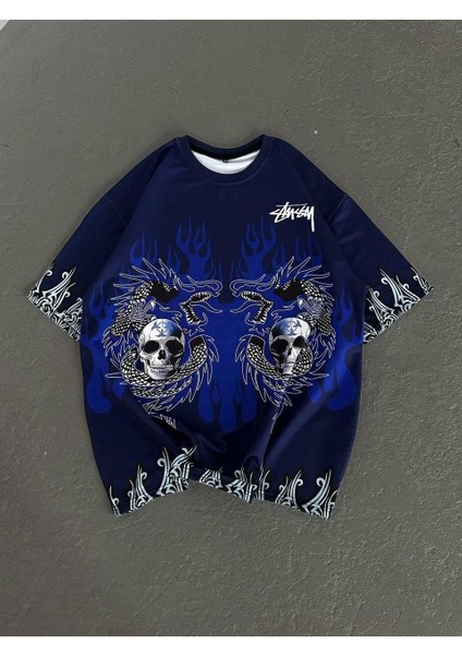 Unisex Bisiklet Yaka Baskılı Oversize T-Shirt - Lacivert indirimleri