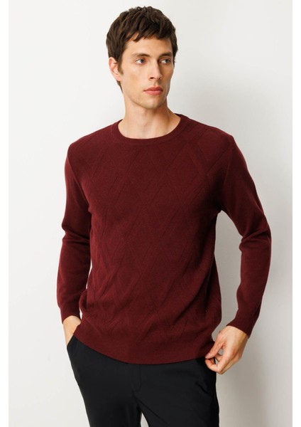 Erkek Sıfır Yaka Hasır Örgü Baklava Yürütmeli Yün Kazak Bordo
