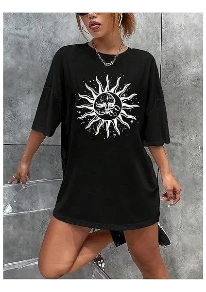 Kadın Bisiklet Yaka Baskılı T-Shirt - Siyah fiyatları