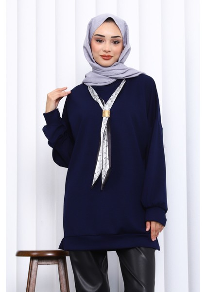 Lacivert Fular Aksesuarlı Modal Tunik