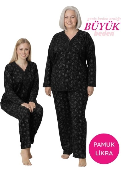 Siyah Çiçekli Dantel Detaylı V Yaka Düğmeli Mevsimlik Pamuk Likra Uzun Kol Pijama Takımı-Geniş Kalıp