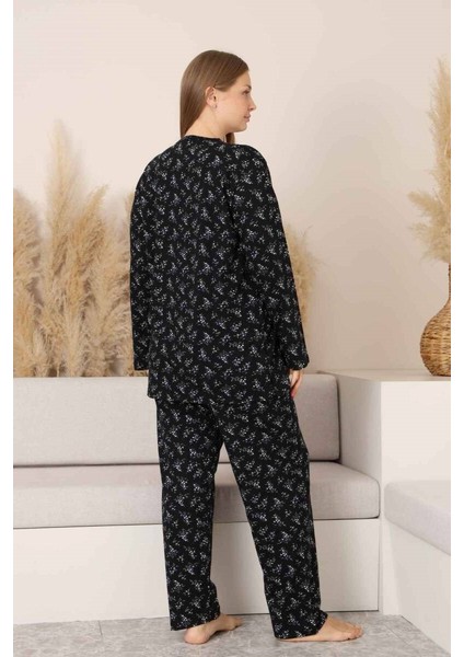 Siyah Çiçekli Dantel Detaylı V Yaka Düğmeli Mevsimlik Pamuk Likra Uzun Kol Pijama Takımı-Geniş Kalıp fırsatları