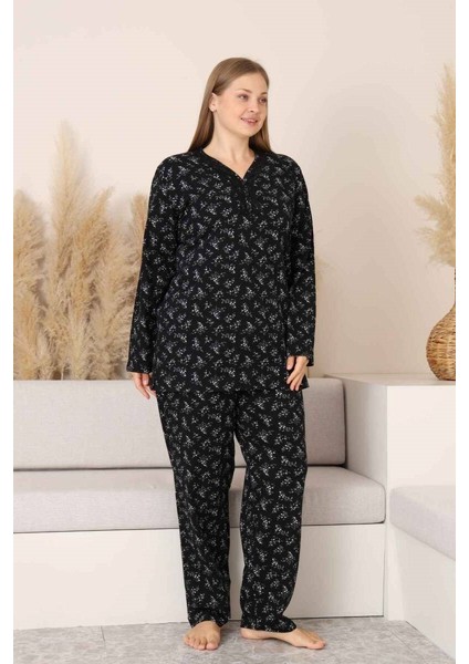 Siyah Çiçekli Dantel Detaylı V Yaka Düğmeli Mevsimlik Pamuk Likra Uzun Kol Pijama Takımı-Geniş Kalıp