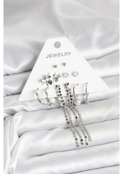 Pirinç Gümüş Renk 6 Çift Kadın Küpe