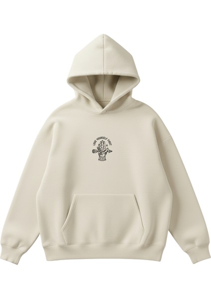 Önce Kendini Sev Baskılı Unisex Boxy Fit Hoodie Sweatshirt