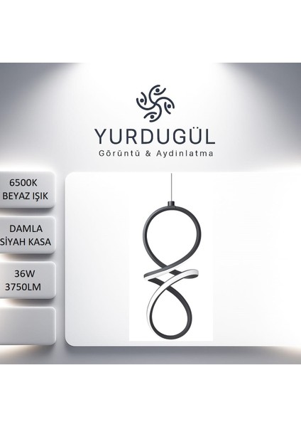 Siyah Kasa Ultra Power Beyaz Ledli Avize Sarkıt Tekli Avize