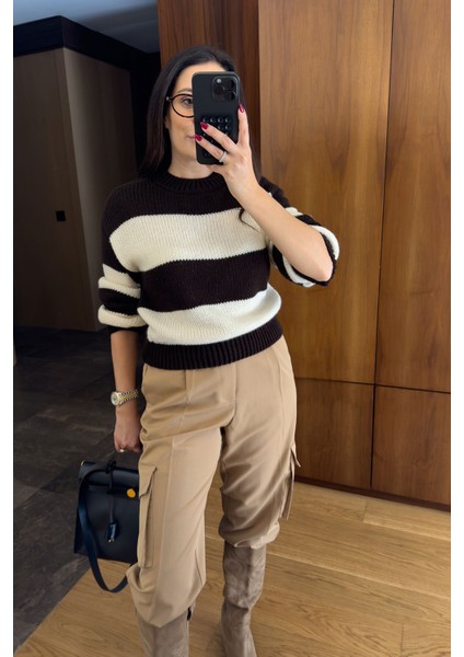 Orj Marka Çizgili Triko Kazak- Kahverengi modelleri