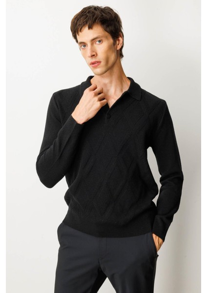 Erkek Polo Yaka Hasır Örgü Baklava Yürütmeli Yün Kazak Siyah