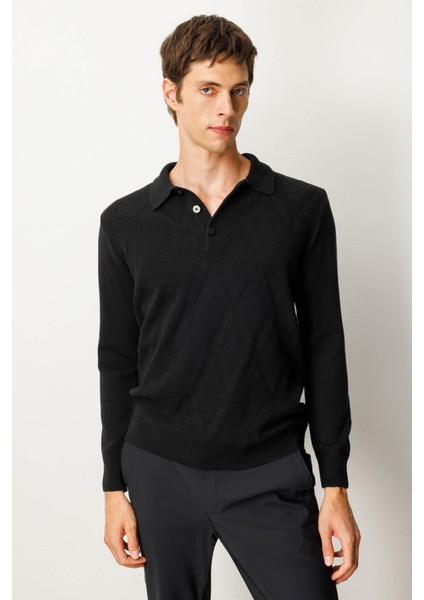 Erkek Polo Yaka Hasır Örgü Baklava Yürütmeli Yün Kazak Siyah fiyatları