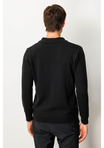 Erkek Polo Yaka Hasır Örgü Baklava Yürütmeli Yün Kazak Siyah modelleri