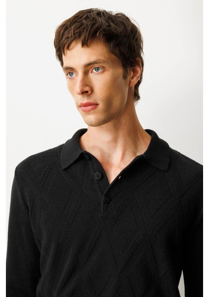 Erkek Polo Yaka Hasır Örgü Baklava Yürütmeli Yün Kazak Siyah fırsatları