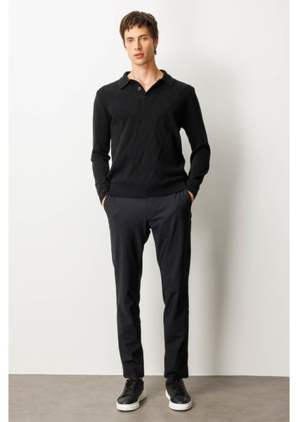 Erkek Polo Yaka Hasır Örgü Baklava Yürütmeli Yün Kazak Siyah indirimleri