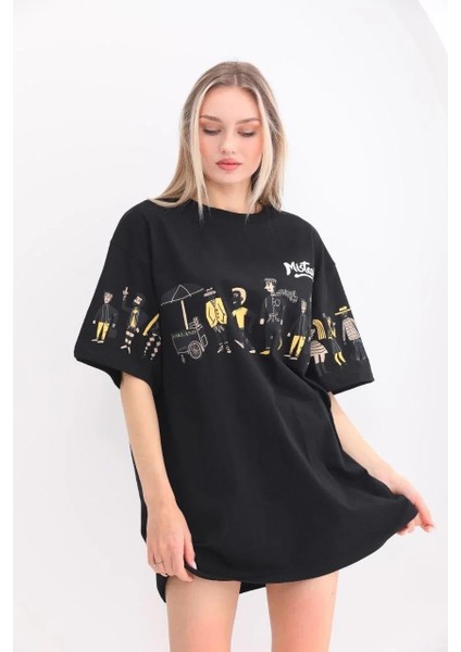 Unisex Bisiklet Yaka Baskılı Oversize T-Shirt - Siyah indirimleri