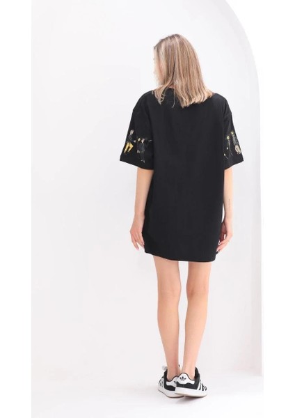 Unisex Bisiklet Yaka Baskılı Oversize T-Shirt - Siyah