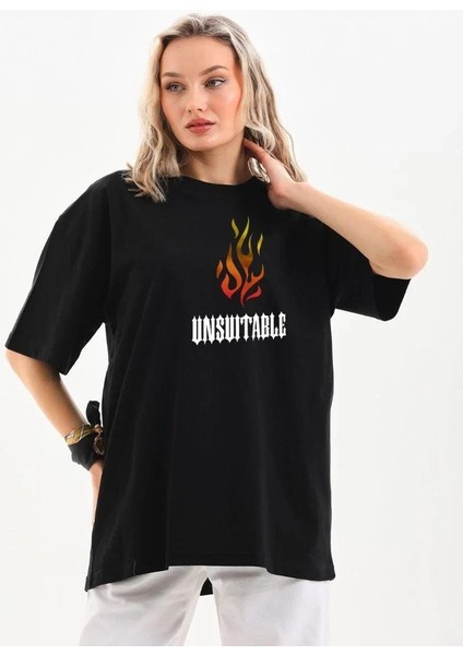 Unisex Bisiklet Yaka Baskılı Oversize T-Shirt - Siyah