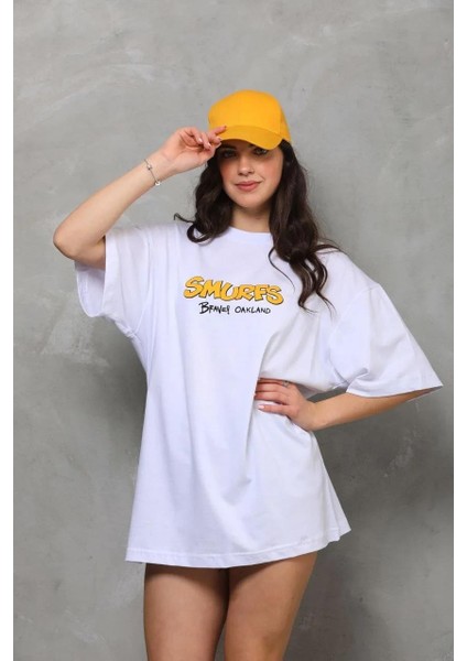 Unisex Bisiklet Yaka Baskılı Oversize T-Shirt - Beyaz fiyatları